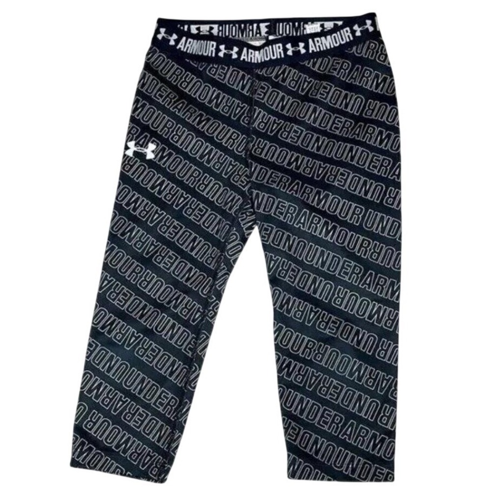 Under Armour Boys Black White Logo Print Athletic Cropped Leggings X-024